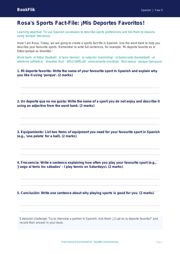 Year 5 Spanish Sports Vocabulary Worksheet | BookFlik worksheet preview — Spanish Sports