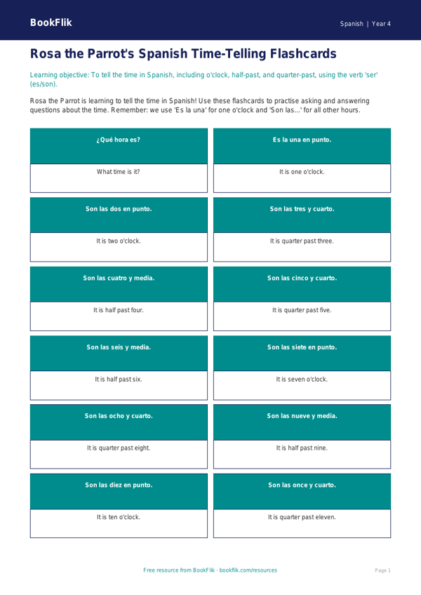 Year 4 Spanish Telling the Time Flashcards | BookFlik Resources worksheet preview — Spanish Telling The Time