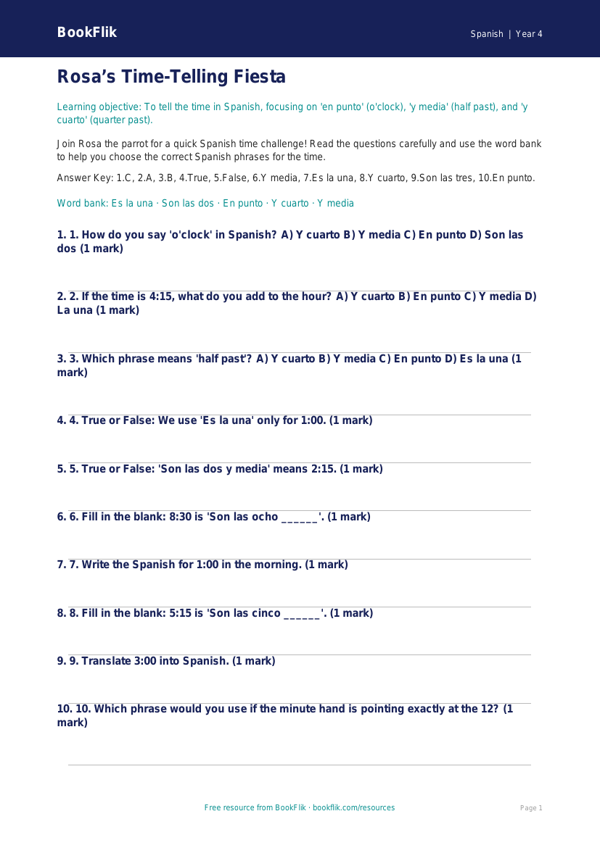 Year 4 Telling the Time in Spanish Quiz | Australian Curriculum worksheet preview — Spanish Telling The Time