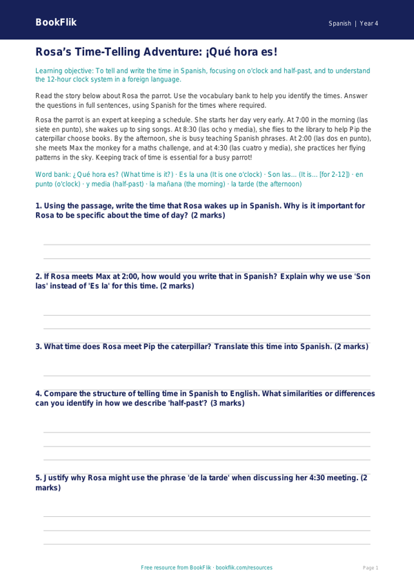 Year 4 Spanish Telling the Time Worksheet | Free Resource | BookFlik worksheet preview — Spanish Telling The Time