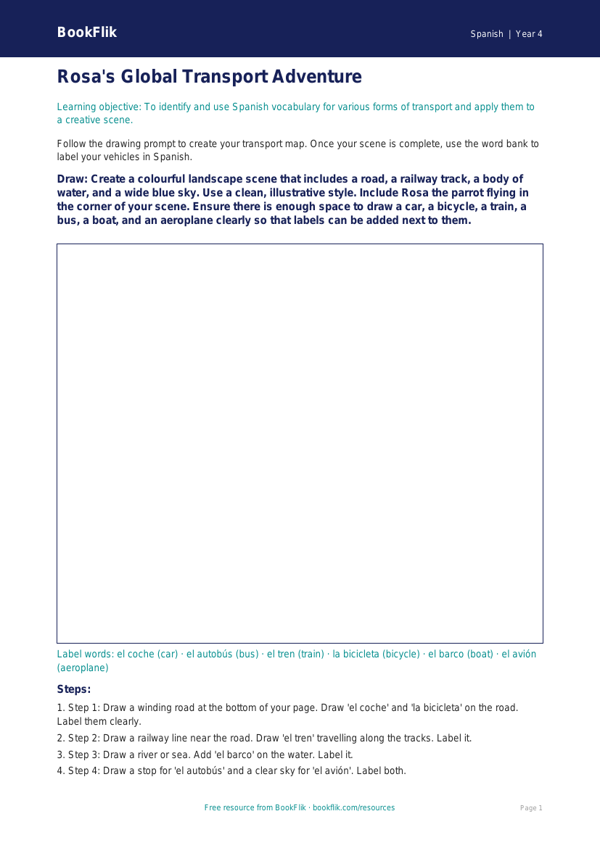 Spanish Transport Vocabulary & Drawing Sheet | Year 4 | BookFlik worksheet preview — Spanish Transport
