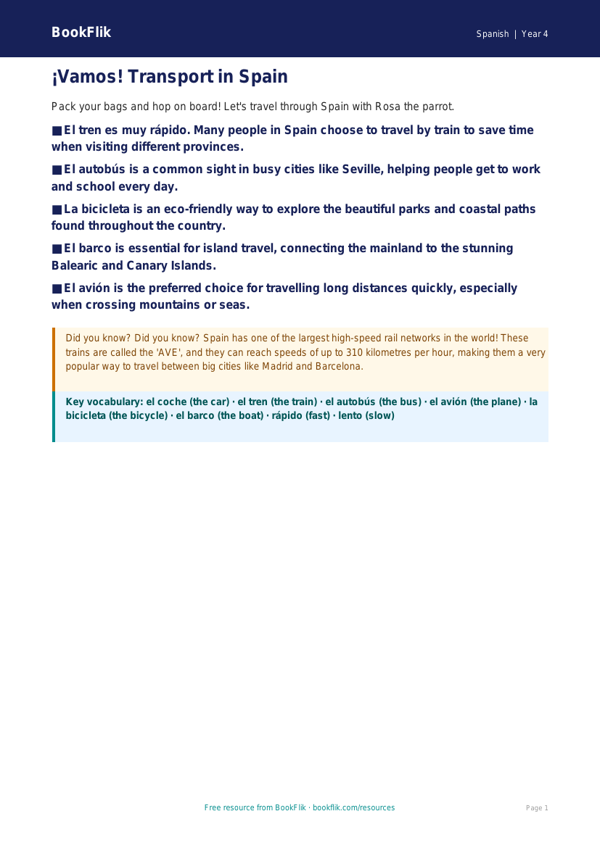Year 4 Spanish Transport Vocabulary Poster | Australian Curriculum worksheet preview — Spanish Transport