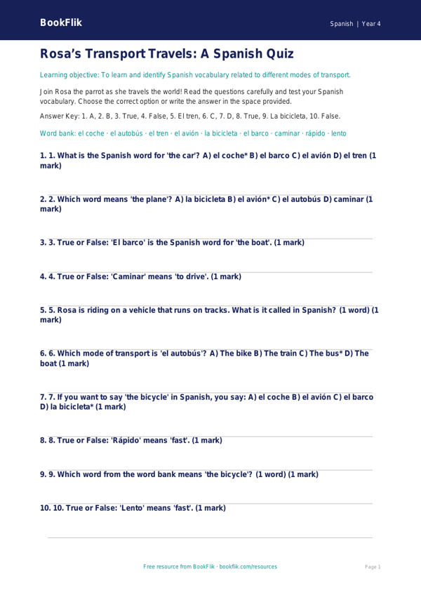 Transport Quiz for Year 4 | Learn Spanish with Rosa | Australian Curriculum worksheet preview — Spanish Transport