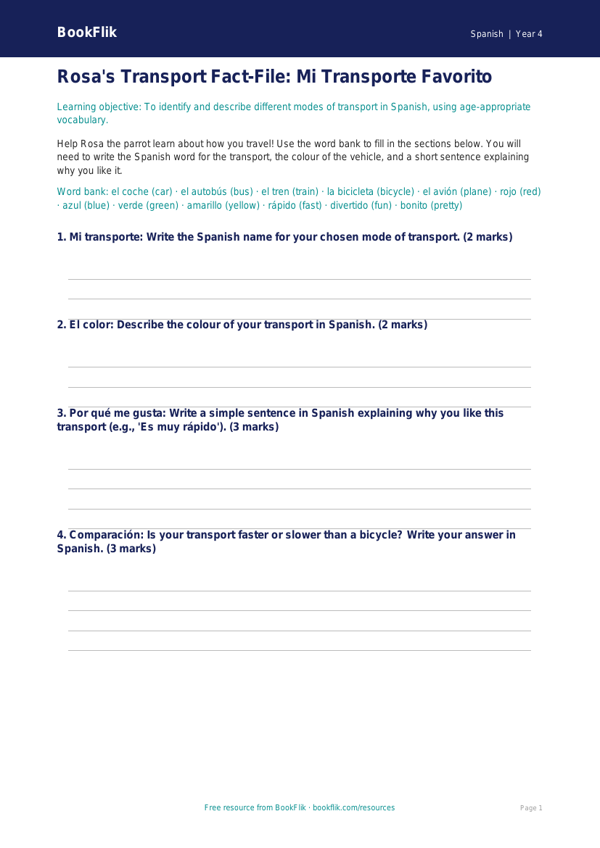 Year 4 Spanish Transport Lesson | Free Transport Template | BookFlik worksheet preview — Spanish Transport