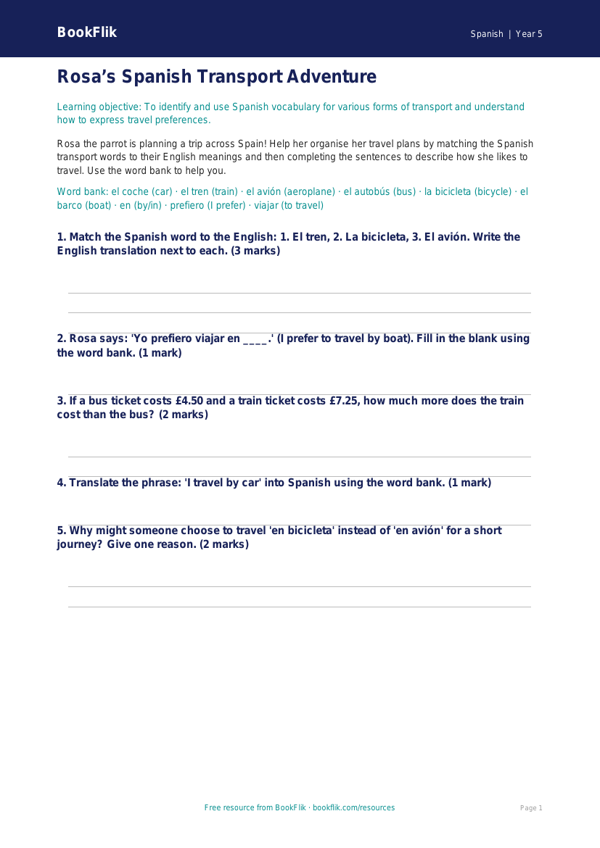 Free Transport Activity Sheet | Year 5 | Spanish | BookFlik worksheet preview — Spanish Transport