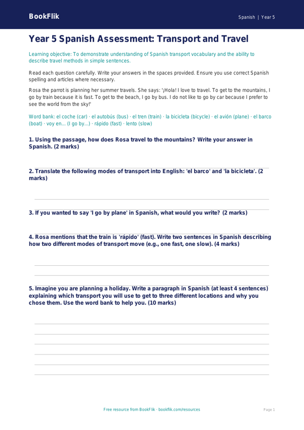 Year 5 Spanish Transport Assessment | Australian Curriculum | BookFlik worksheet preview — Spanish Transport