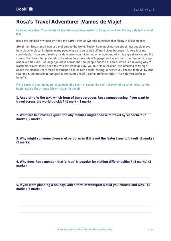 Transport Comprehension Year 5 | Spanish Language | BookFlik worksheet preview — Spanish Transport