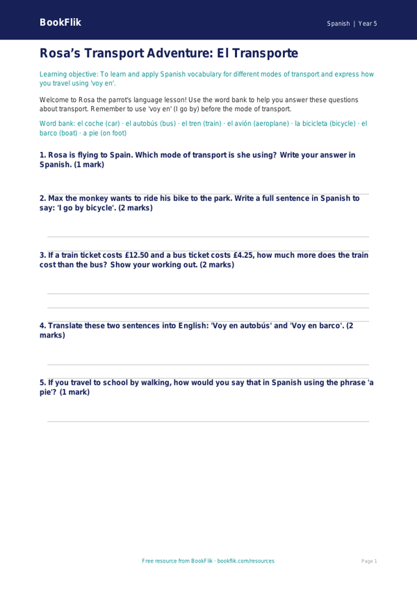 Free Spanish Transport Worksheet | Year 5 Australian Curriculum worksheet preview — Spanish Transport