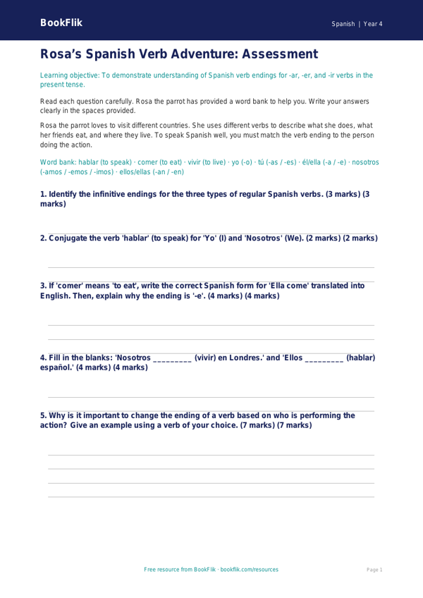 Spanish verbs and tenses assessment year 4 core worksheet preview — Spanish Verbs And Tenses