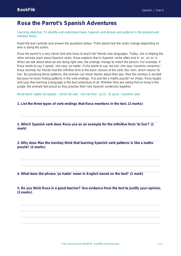 Free Verbs And Tenses Comprehension | Year 4 | Spanish | BookFlik worksheet preview — Spanish Verbs And Tenses