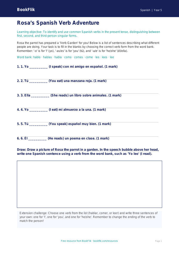 Free Verbs And Tenses Activity Sheet | Year 5 | Spanish | BookFlik worksheet preview — Spanish Verbs And Tenses
