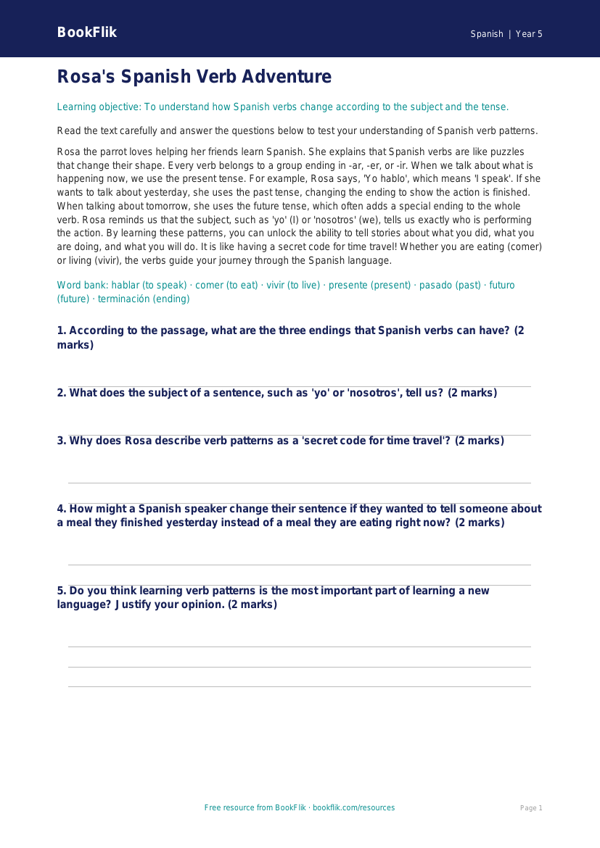 Free Verbs And Tenses Comprehension | Year 5 | Spanish | BookFlik worksheet preview — Spanish Verbs And Tenses