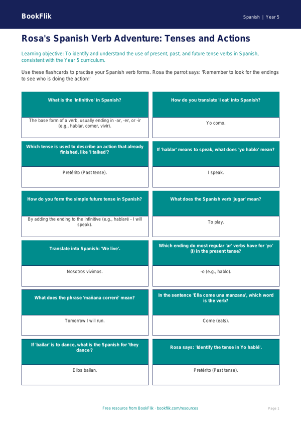 Free Verbs And Tenses Flashcards | Year 5 | Spanish | BookFlik worksheet preview — Spanish Verbs And Tenses