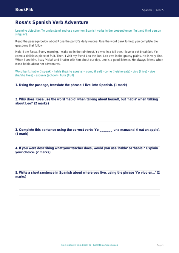 Free Verbs And Tenses Track Sheet | Year 5 | Spanish | BookFlik worksheet preview — Spanish Verbs And Tenses