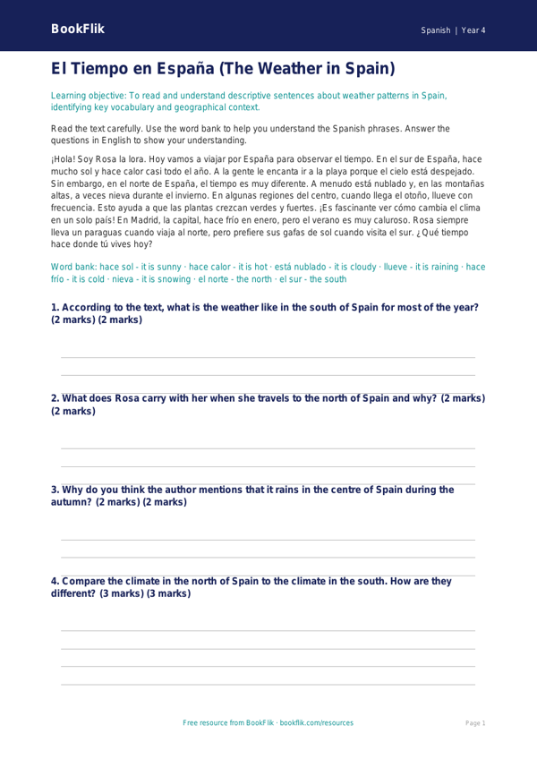 Year 4 Spanish Weather Comprehension | Australian Curriculum Resource worksheet preview — Spanish Weather