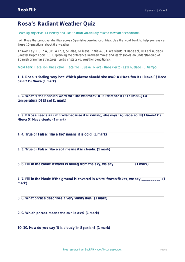 Spanish Weather Quiz for Year 4 | Australian Curriculum | BookFlik worksheet preview — Spanish Weather