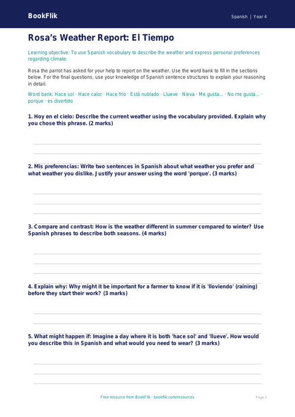 Free Weather Template | Year 4 Spanish | BookFlik worksheet preview — Spanish Weather