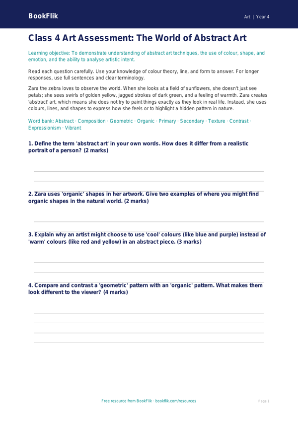 Abstract Art Assessment for Class 4 | CBSE Art Curriculum | BookFlik worksheet preview — Art Abstract Art