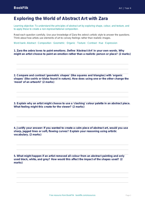 Free Abstract Art Worksheet | Class 4 | Art | BookFlik worksheet preview — Art Abstract Art