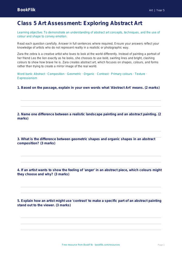 Abstract Art Assessment for Class 5 | CBSE Art Curriculum worksheet preview — Art Abstract Art