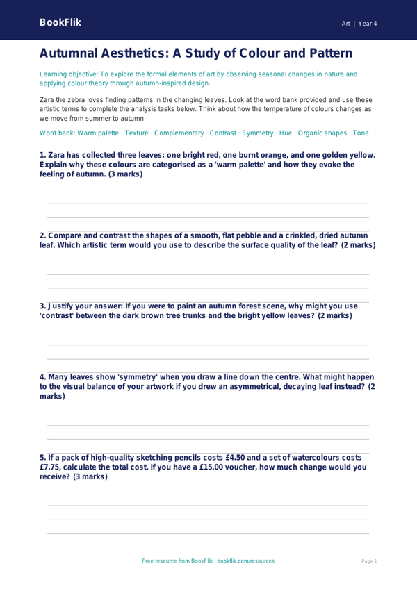 Free Autumn Art Activity Sheet | Class 4 | Art | BookFlik worksheet preview — Art Autumn Art