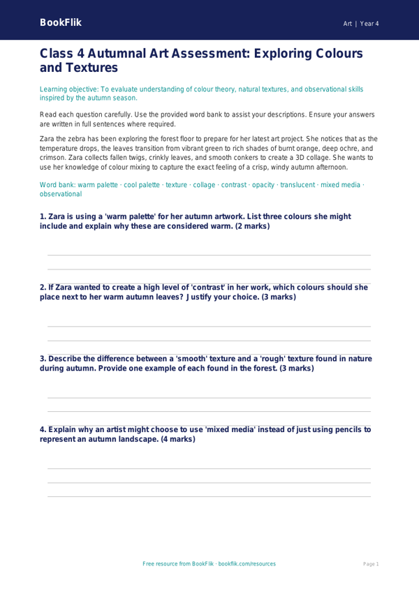 Free Autumn Art Assessment | Class 4 | Art | BookFlik worksheet preview — Art Autumn Art