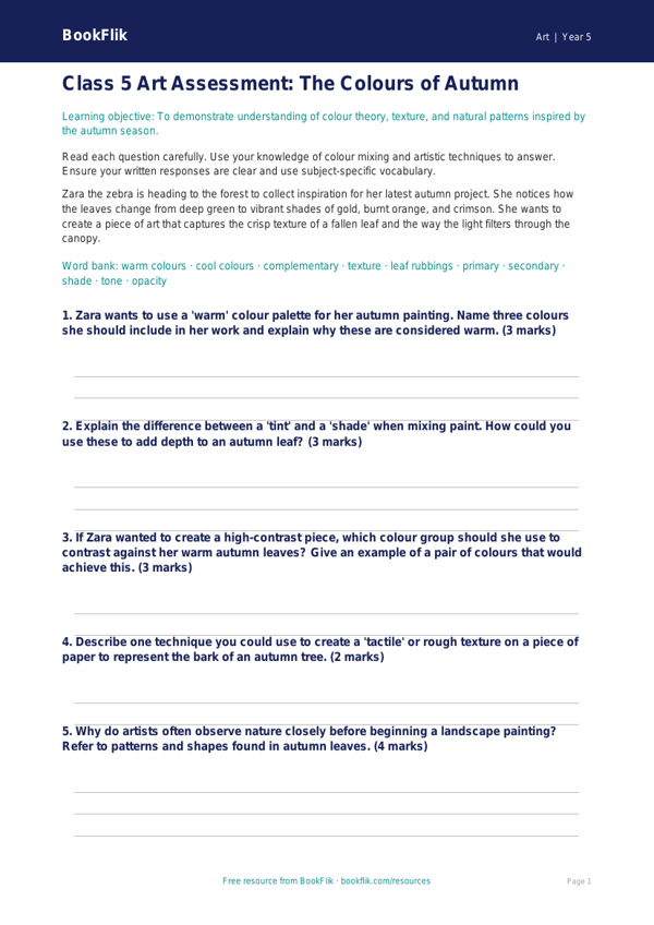 Free Autumn Art Assessment | Class 5 | Art | BookFlik worksheet preview — Art Autumn Art