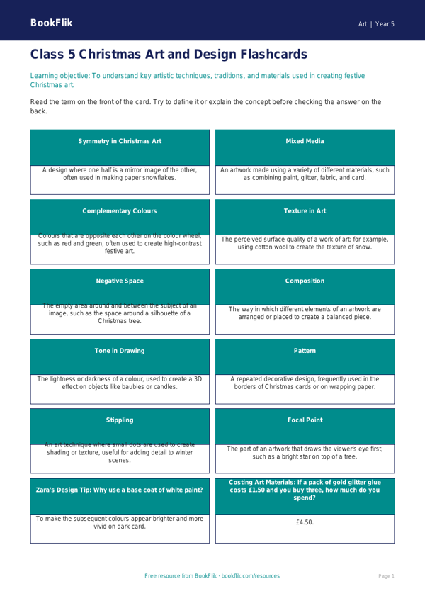 Christmas Art Flashcards for Class 5 | CBSE Art Curriculum worksheet preview — Art Christmas Art