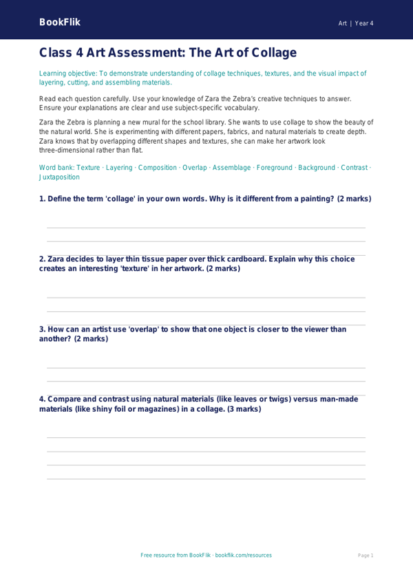 Free Collage Assessment | Class 4 | Art | BookFlik worksheet preview — Art Collage