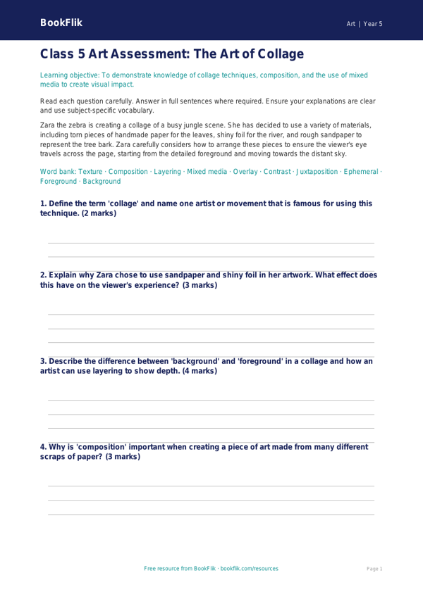 Free Collage Assessment | Class 5 | Art | BookFlik worksheet preview — Art Collage