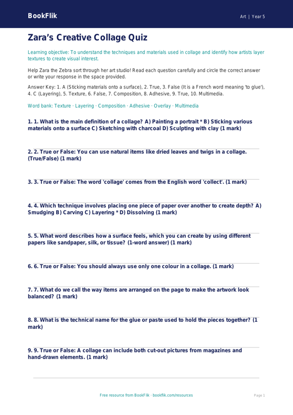 Free Collage Quiz | Class 5 | Art | BookFlik worksheet preview — Art Collage