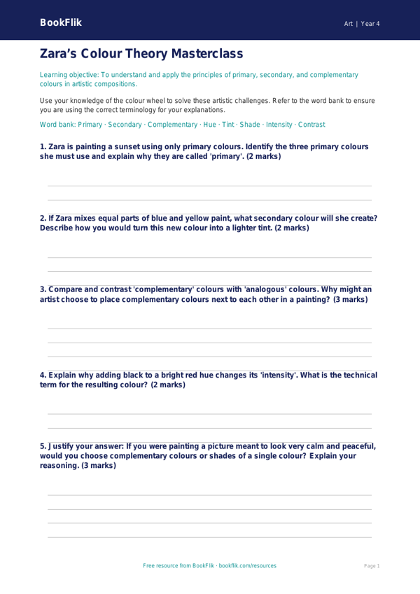 Free Colour Theory Worksheet | Class 4 | Art | BookFlik worksheet preview — Art Colour Theory