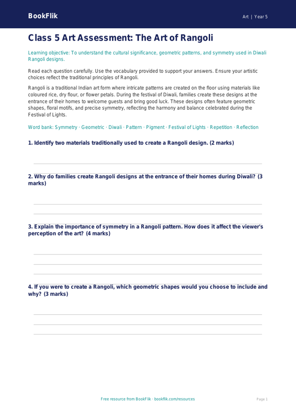 Free Diwali Rangoli Assessment | Class 5 | Art | BookFlik worksheet preview — Art Diwali Rangoli