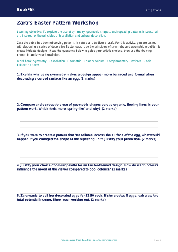 Free Easter Art Activity Sheet | Class 4 | Art | BookFlik worksheet preview — Art Easter Art