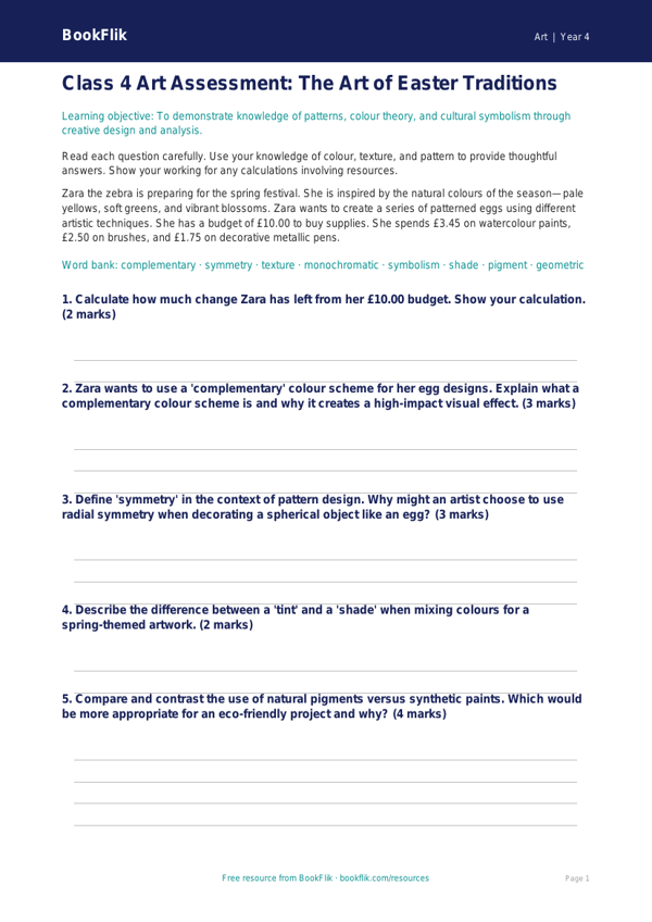 Easter Art Assessment for Class 4 | CBSE Art Curriculum | BookFlik worksheet preview — Art Easter Art