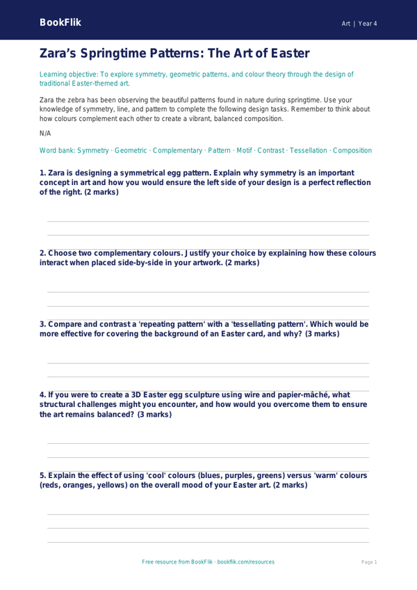 Free Easter Art Worksheet | Class 4 | Art | BookFlik worksheet preview — Art Easter Art