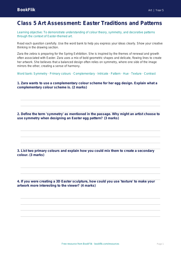 Easter Art Assessment for Class 5 | CBSE Art Curriculum | BookFlik worksheet preview — Art Easter Art