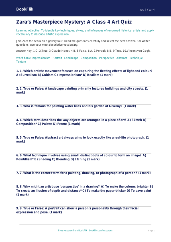 Famous Artists Quiz for Class 4 | Art Education | BookFlik worksheet preview — Art Famous Artists