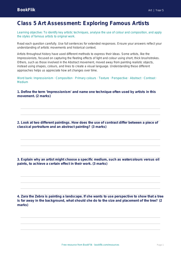 Famous Artists Assessment for Class 5 | CBSE Art Worksheet worksheet preview — Art Famous Artists