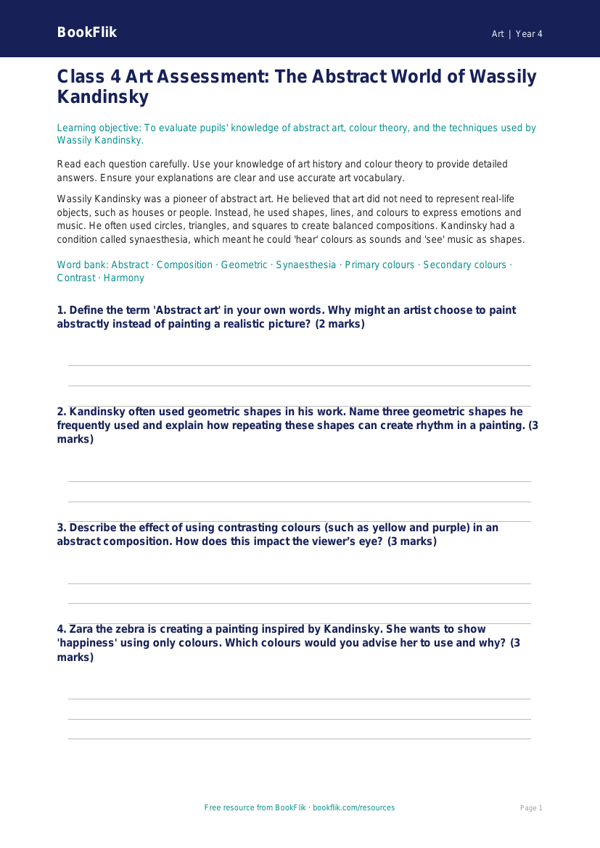 Kandinsky Art Assessment for Class 4 | CBSE Curriculum | BookFlik worksheet preview — Art Kandinsky