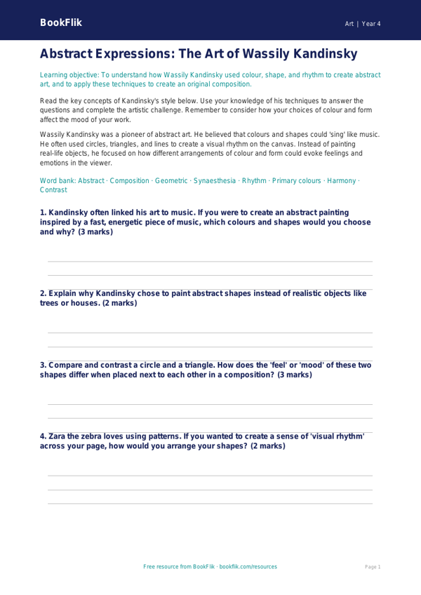 Free Kandinsky Worksheet | Class 4 | Art | BookFlik worksheet preview — Art Kandinsky