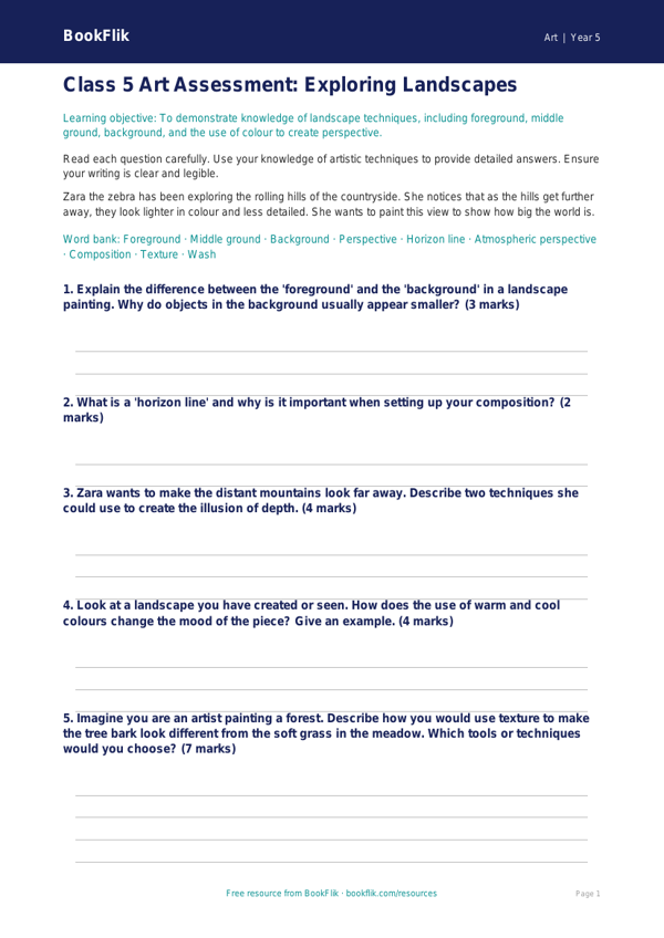 Free Landscapes Assessment | Class 5 | Art | BookFlik worksheet preview — Art Landscapes