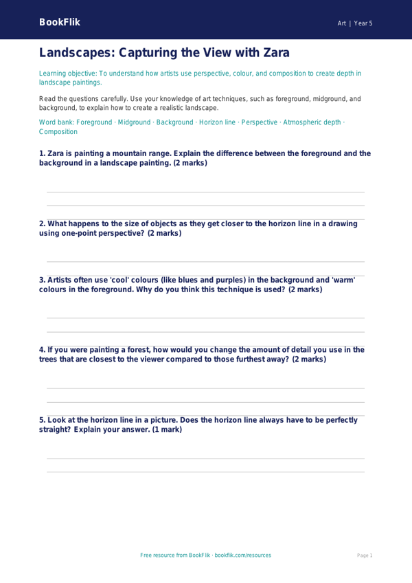 Free Landscapes Worksheet | Class 5 | Art | BookFlik worksheet preview — Art Landscapes