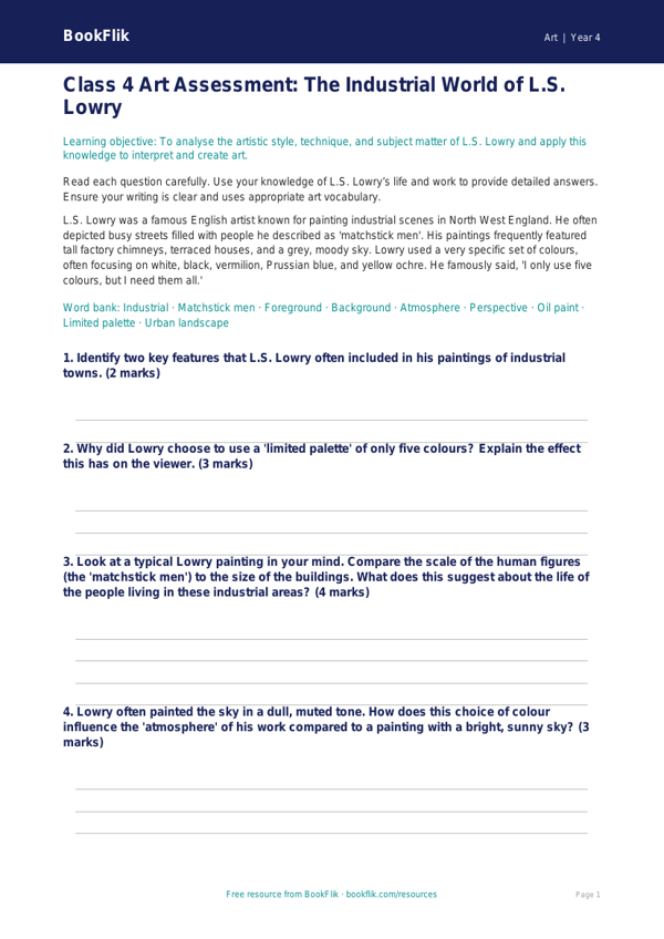 L.S. Lowry Art Assessment for Class 4 | CBSE Curriculum | BookFlik worksheet preview — Art Lowry