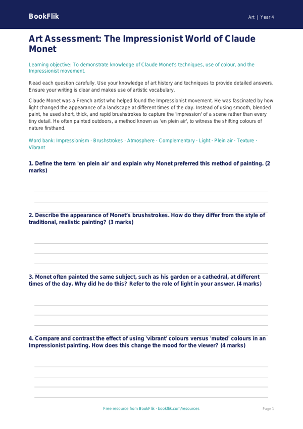 Claude Monet Art Worksheet for Class 4 | CBSE Curriculum | BookFlik worksheet preview — Art Monet