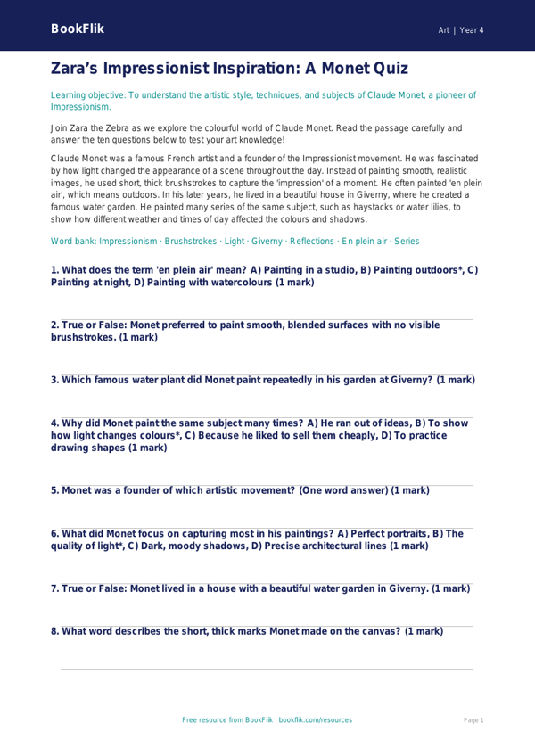 Claude Monet Art Quiz for Class 4 | CBSE Art Education | BookFlik worksheet preview — Art Monet