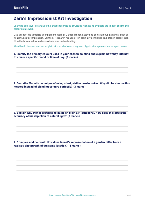 Claude Monet Art Lesson for Class 4 | CBSE Art Curriculum worksheet preview — Art Monet