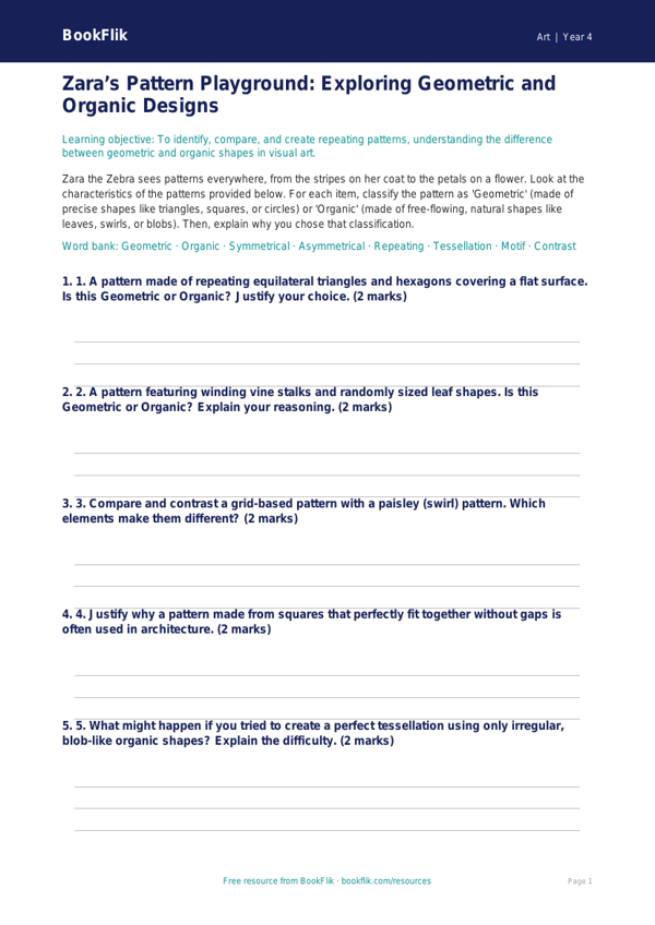 Free Pattern Activity Sheet | Class 4 | Art | BookFlik worksheet preview — Art Pattern