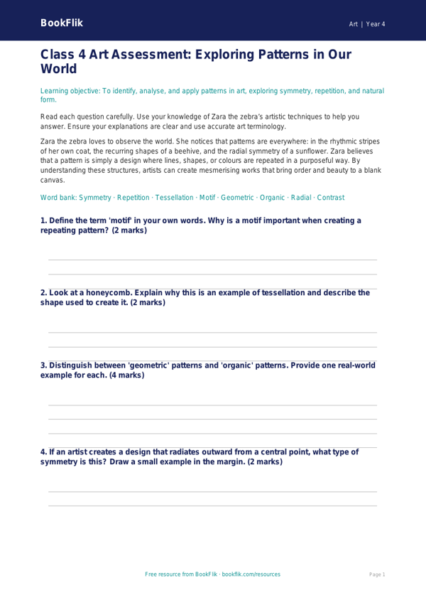 Free Pattern Assessment | Class 4 | Art | BookFlik worksheet preview — Art Pattern