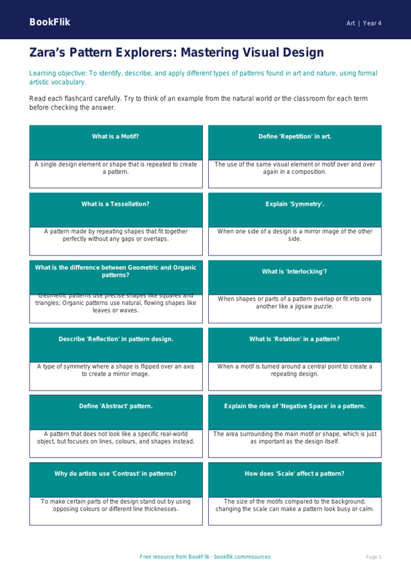 Pattern Flashcards for Class 4 Art | CBSE Curriculum | BookFlik worksheet preview — Art Pattern